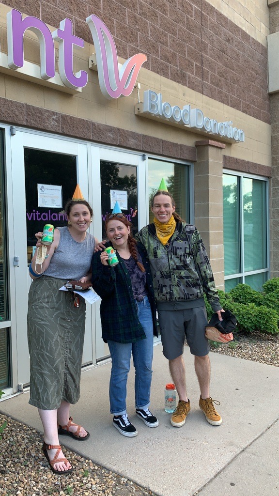 Maria friends Erin, Jaimie and Hansen celebrate her birthday with a group donation party.